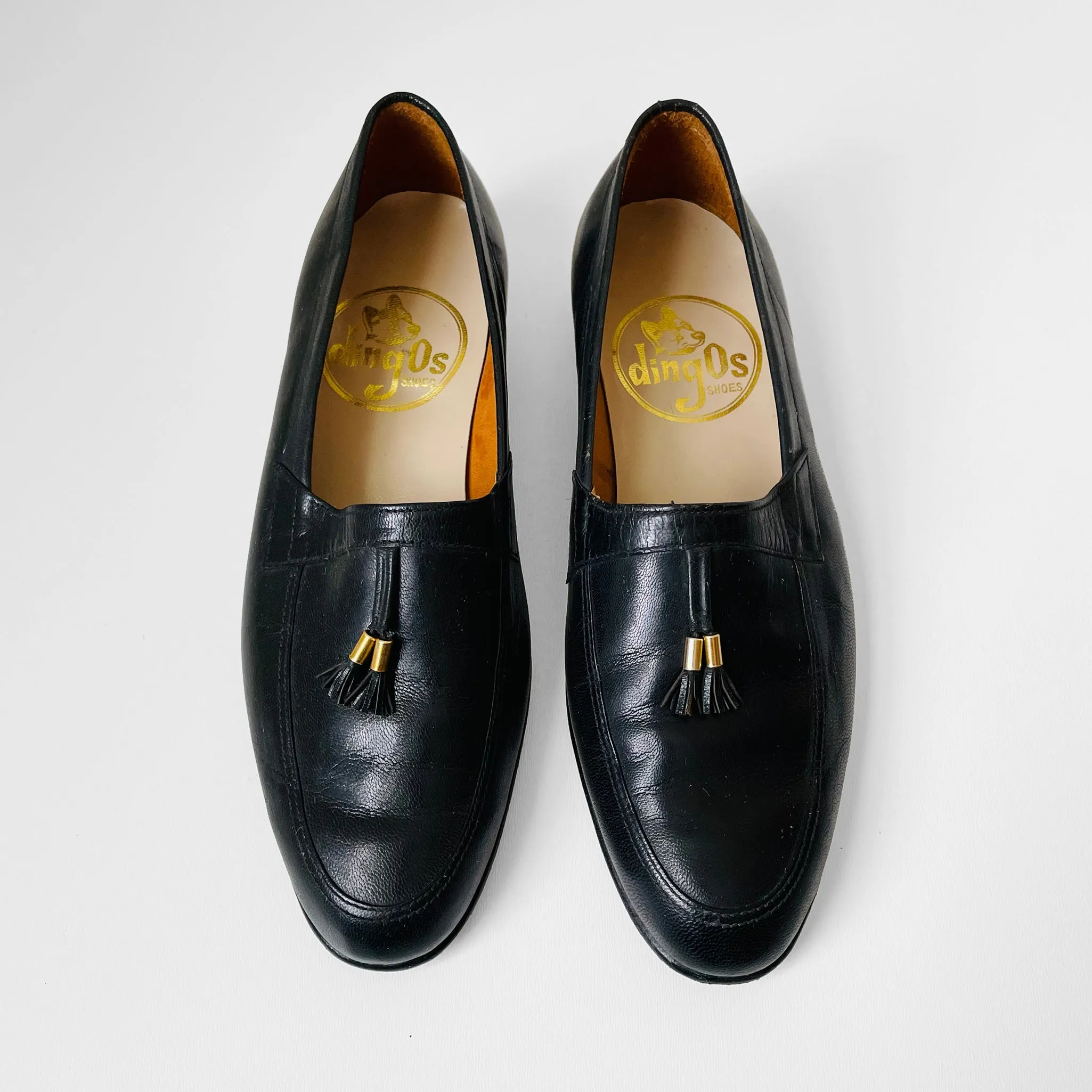 1970s Black Leather Tassel Slip-On Loafers - Sz. 7.5-8M