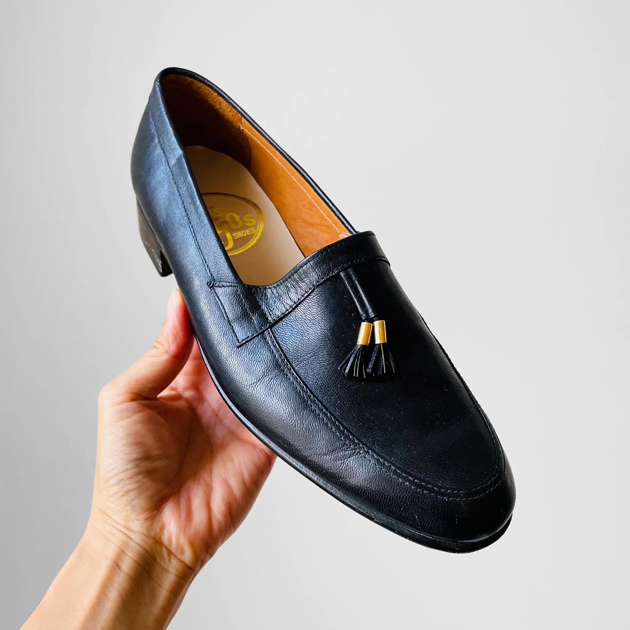 1970s Black Leather Tassel Slip-On Loafers - Sz. 7.5-8M