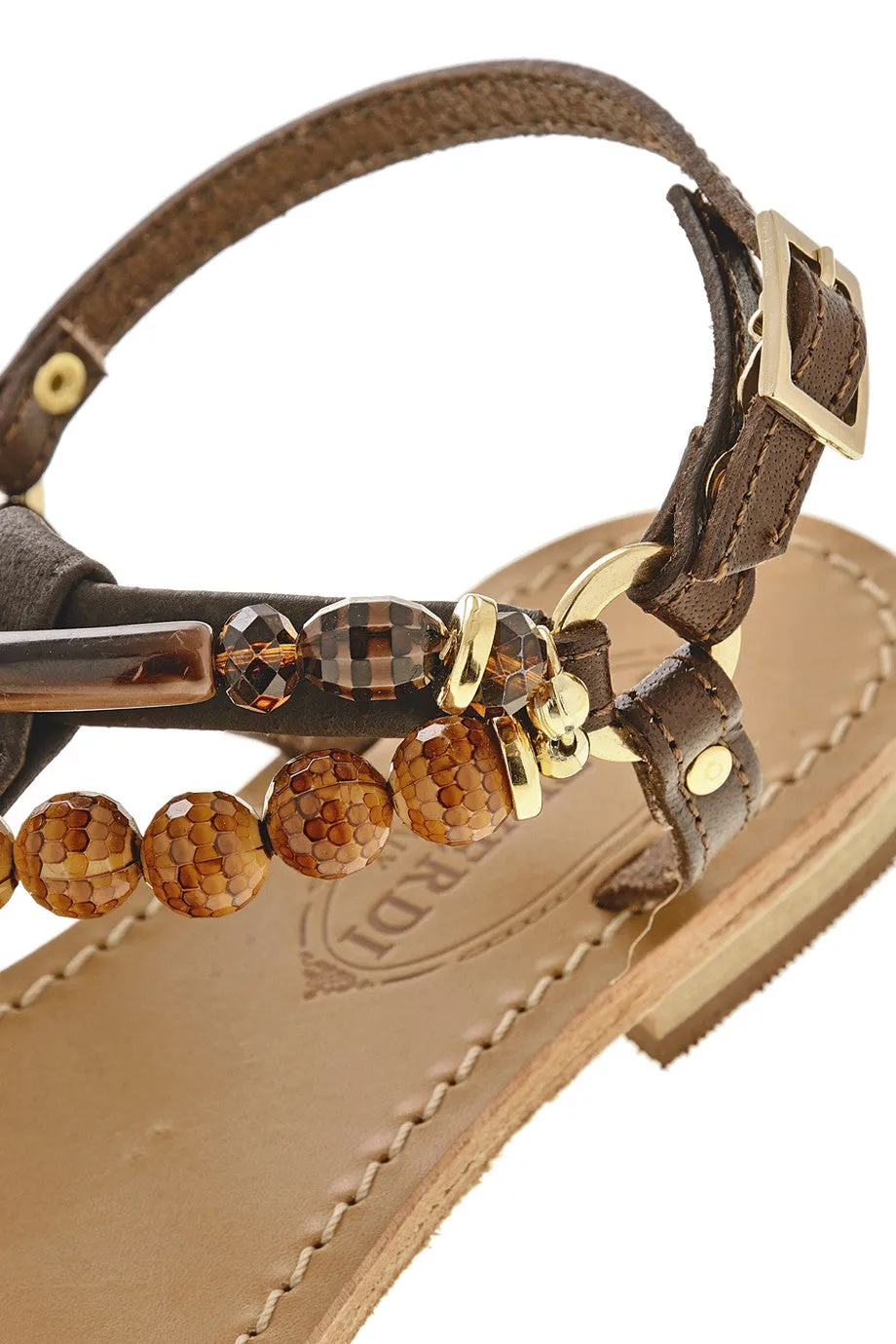 ALESSIA Beaded T-Bar Brown Leather Women Sandals