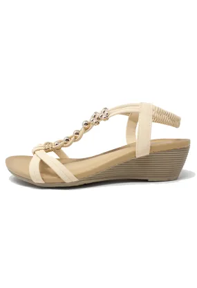 Beige Mid Wedge T Strap Sandal-1