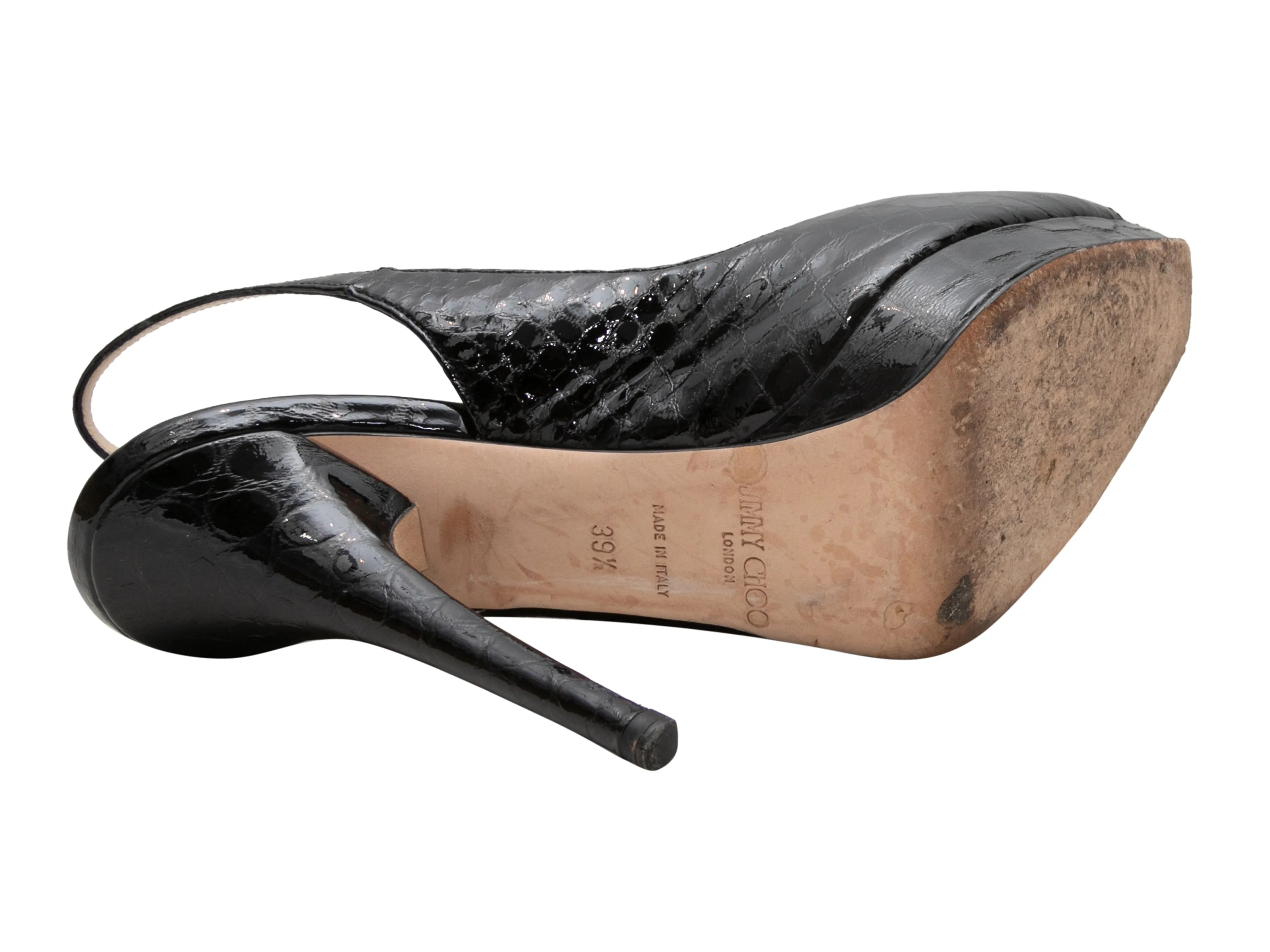 Black Jimmy Choo Embossed Peep-Toe Slingbacks Size 39.5