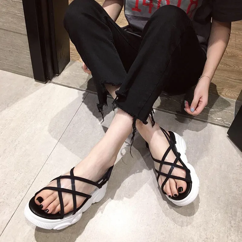 BOOPDO DESIGN CLEAR CROSS STRAP CHUNKY SOLE SPORTY SANDALS