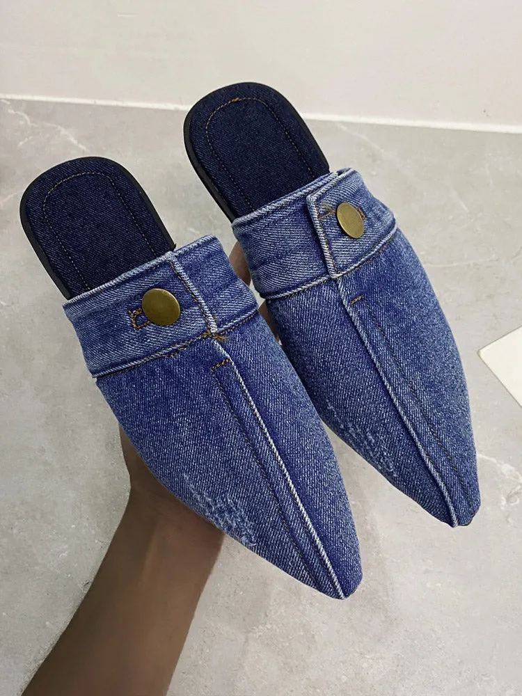 Button Decor Pointed Toe Denim Flat Slides