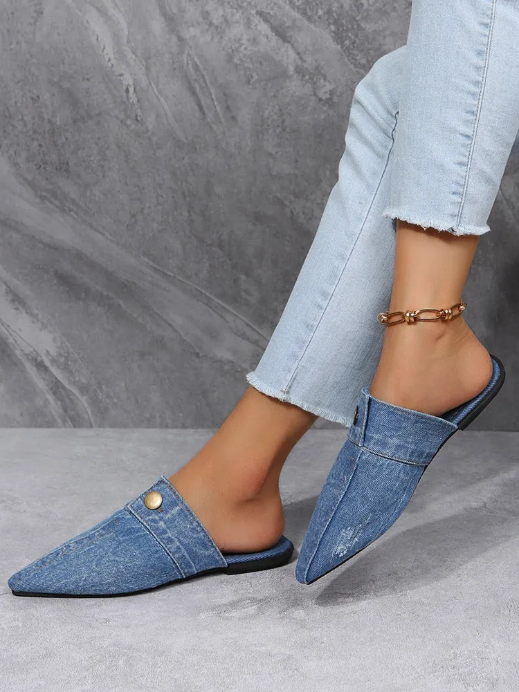 Button Decor Pointed Toe Denim Flat Slides