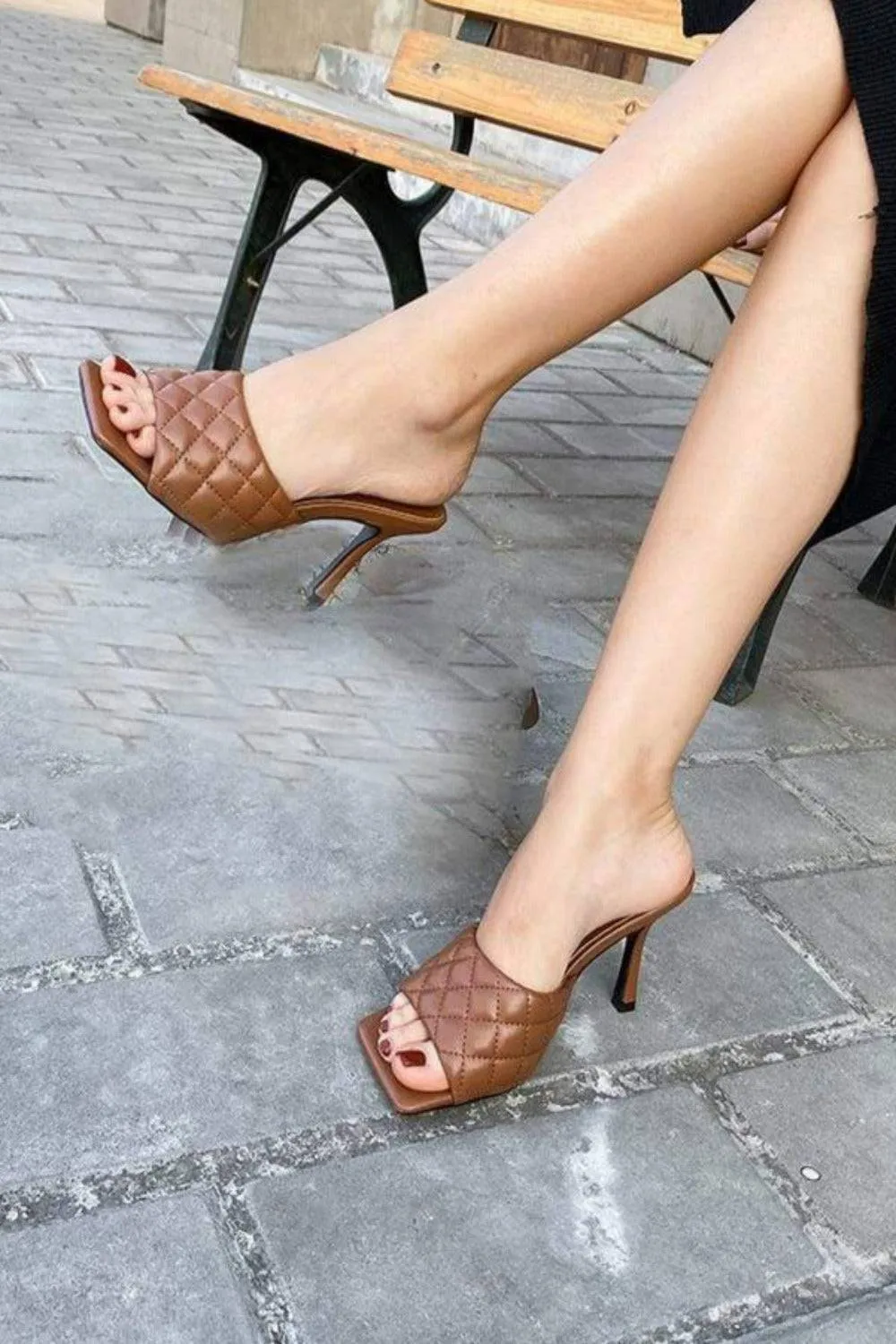 Diamond Peep Toe High Heel Slipper Sandals - Brown