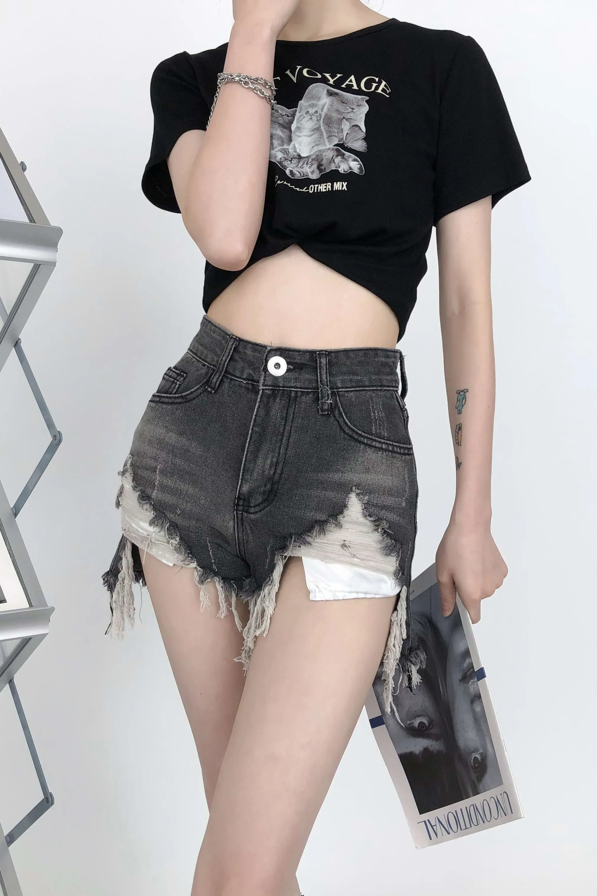 Distressed Faded Denim Shorts