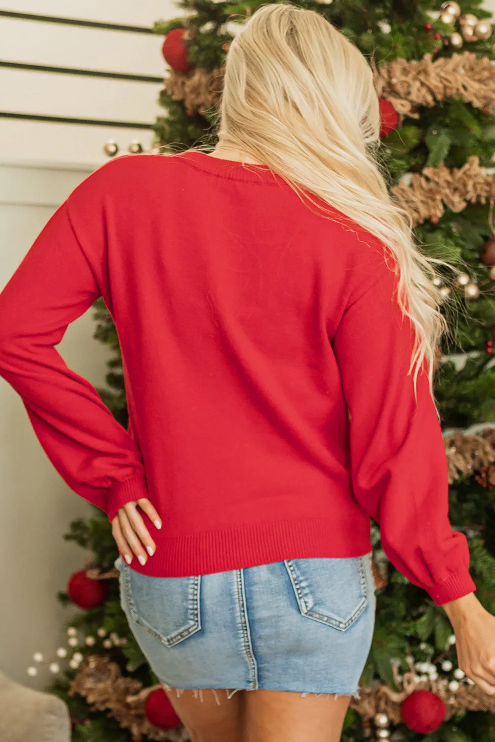 Fiery Red Pearl Beaded Merry Casual Sweater