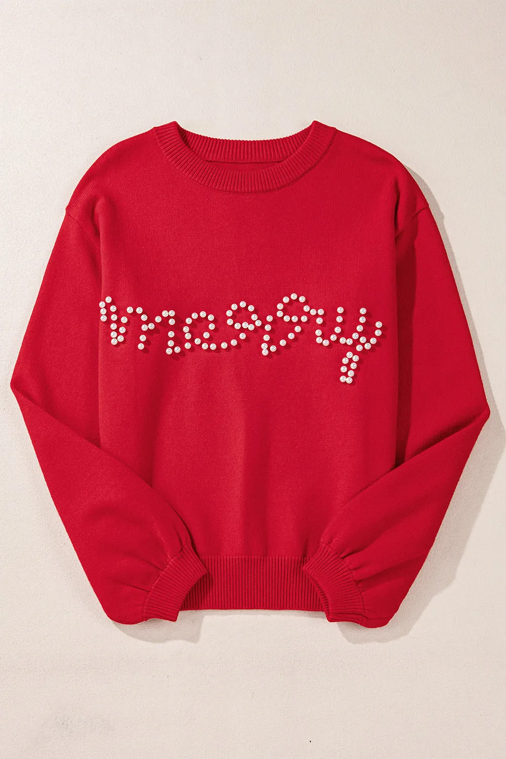 Fiery Red Pearl Beaded Merry Casual Sweater