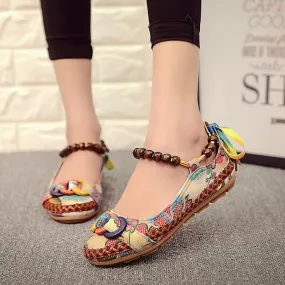 Handmade Beaded Ankle Straps Loafers Zapatos Mujer Retro Ethnic Embroidered Shoes 25