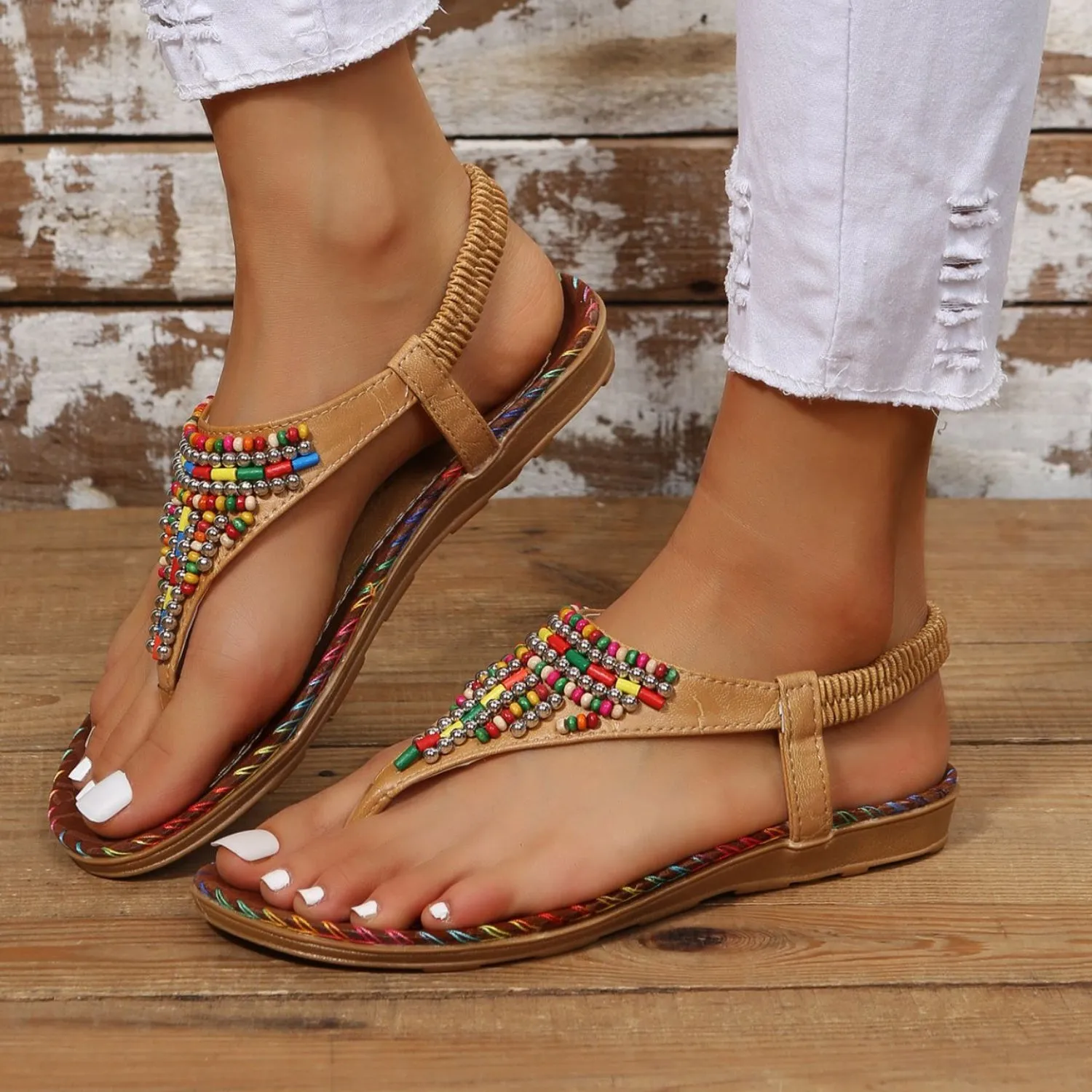 Hazel Blues® |  Beaded PU Leather Open Toe Sandals