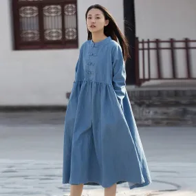 Long Sleeve Mandarin Denim Midi Dress  | Zen