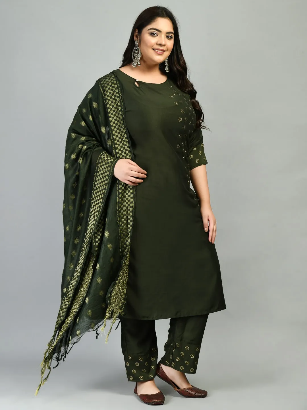 Plus Size Green Beads & Stones Kurta Set with Dupatta