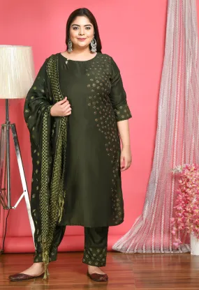 Plus Size Green Beads & Stones Kurta Set with Dupatta