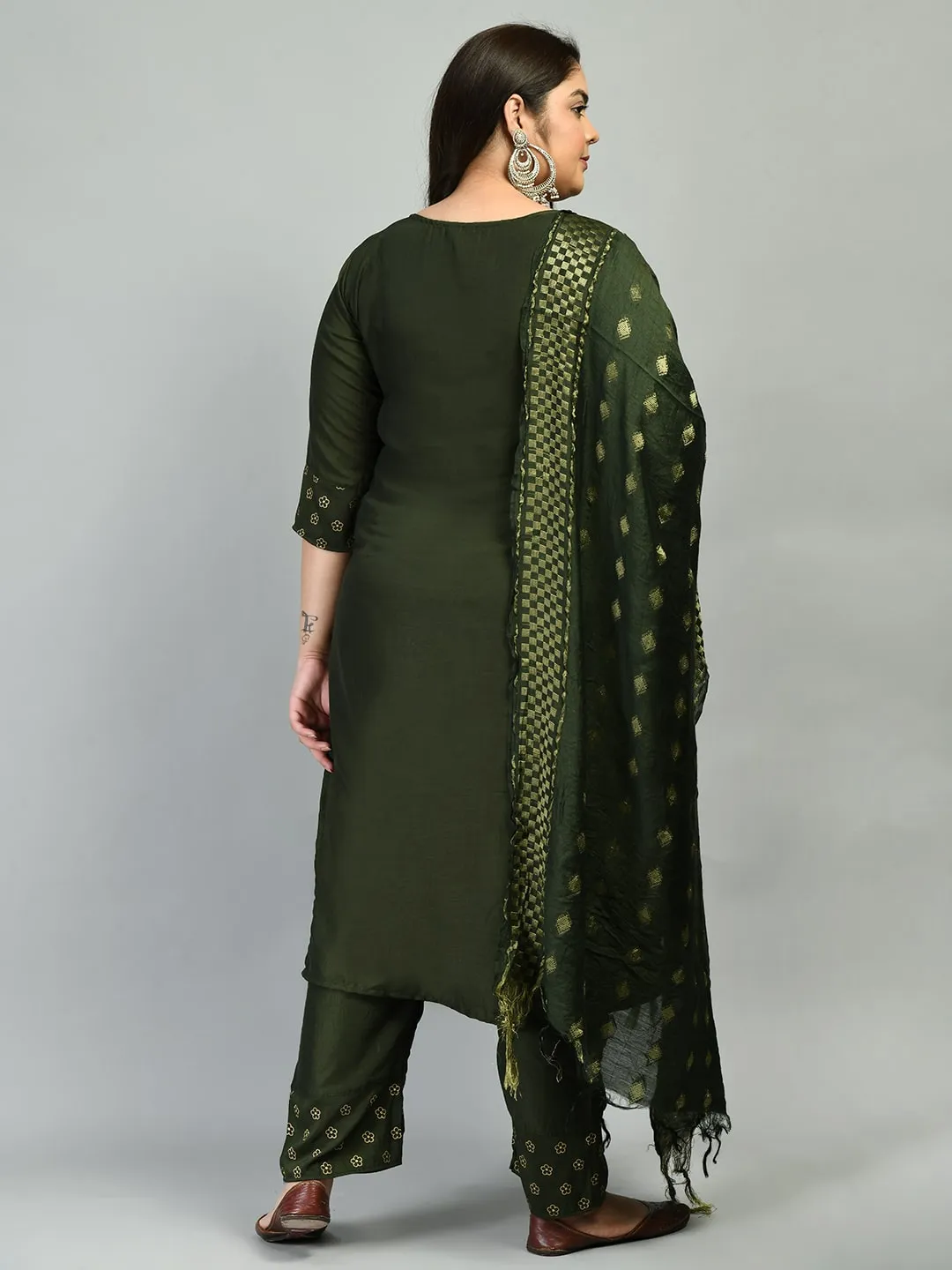 Plus Size Green Beads & Stones Kurta Set with Dupatta