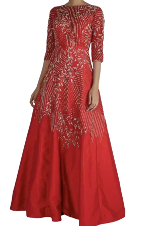 Red Silver Silk Beaded Gown