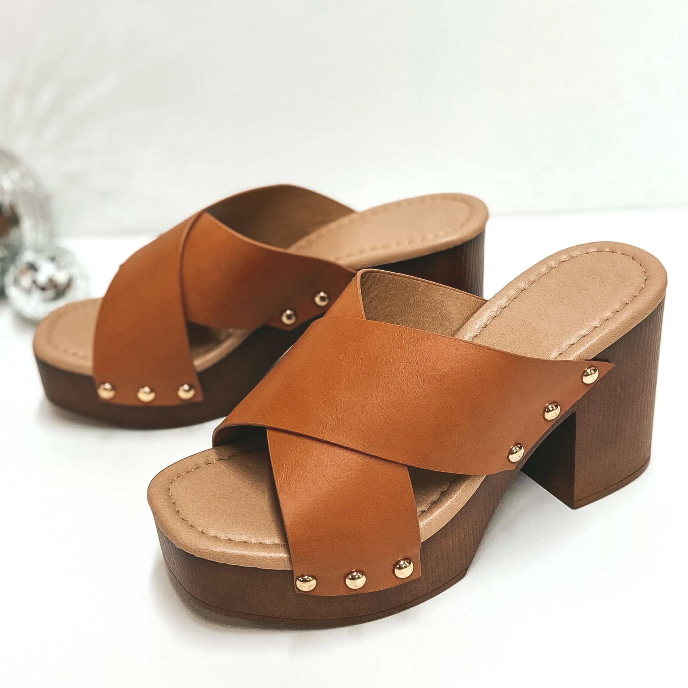 Set the Stage Criss Cross Clog Heels with Gold Studs in Camel Brown