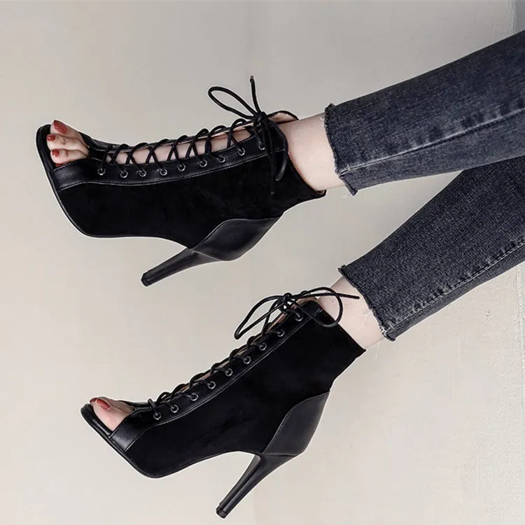 Sleek Lace-Up Peep-Toe Heel Booties - Contemporary Chic for the Fashion-Forward