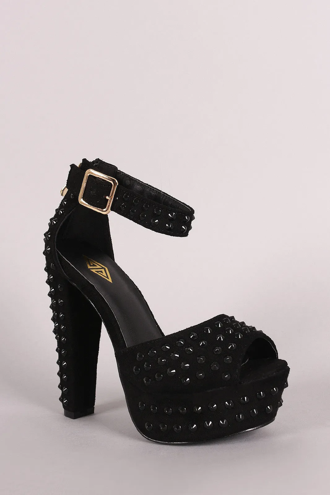 Suede Studded Spike Peep Toe Ankle Strap Chunky Platform Heel