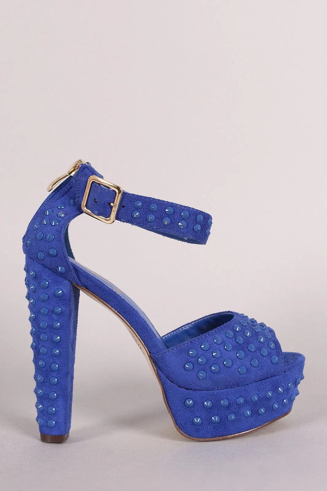 Suede Studded Spike Peep Toe Ankle Strap Chunky Platform Heel